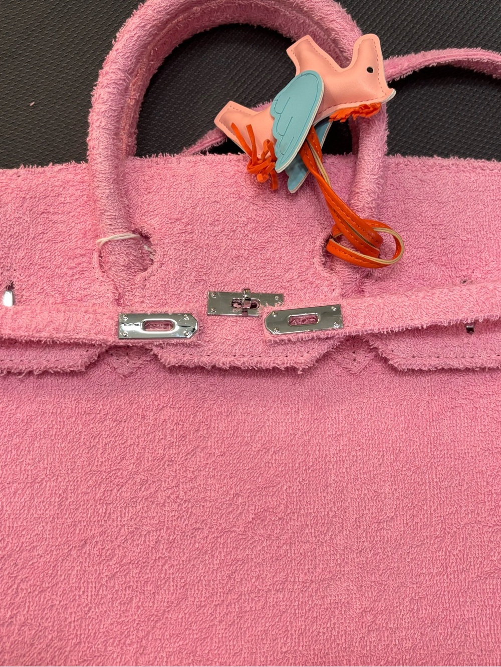 Pink Textured Top-Handle Tote Bag with Unicorn Charm. New - Picture 9 of 15